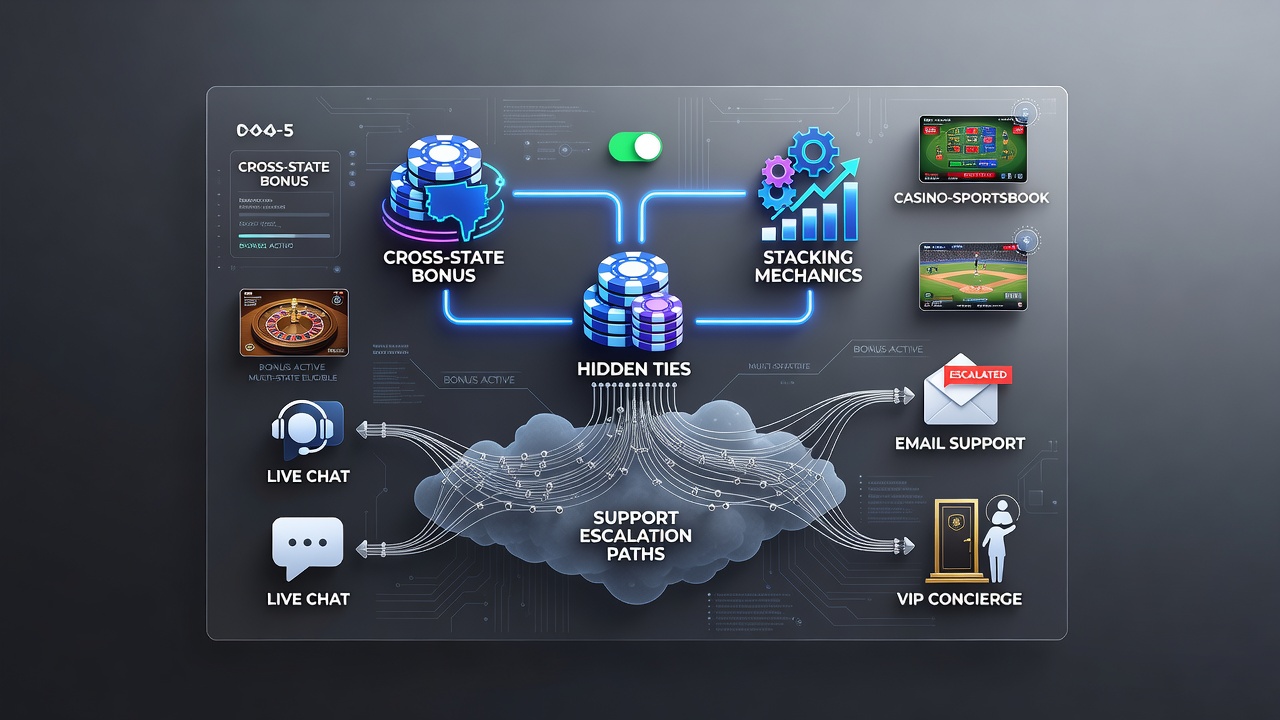 Diagram showing cross-state bonus stacking flows across multiple US jurisdictions in a hybrid app interface