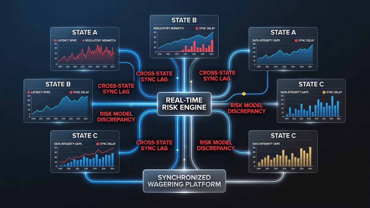 Diagram showing state-specific data silos connected to a central risk engine with highlighted latency points