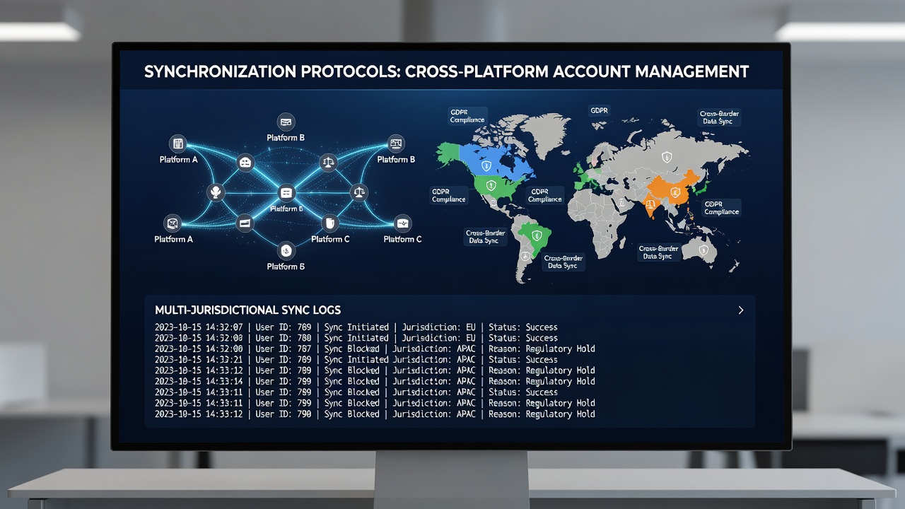 Illustration of cross-border account data syncing between US state platforms using encrypted channels and compliance filters