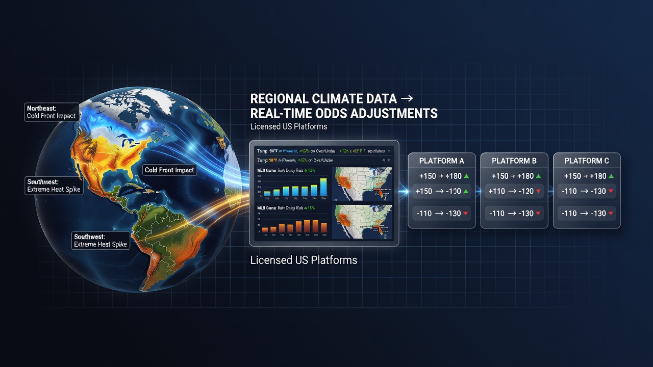 Visualization of regional climate patterns influencing sports outcomes and betting odds across US states