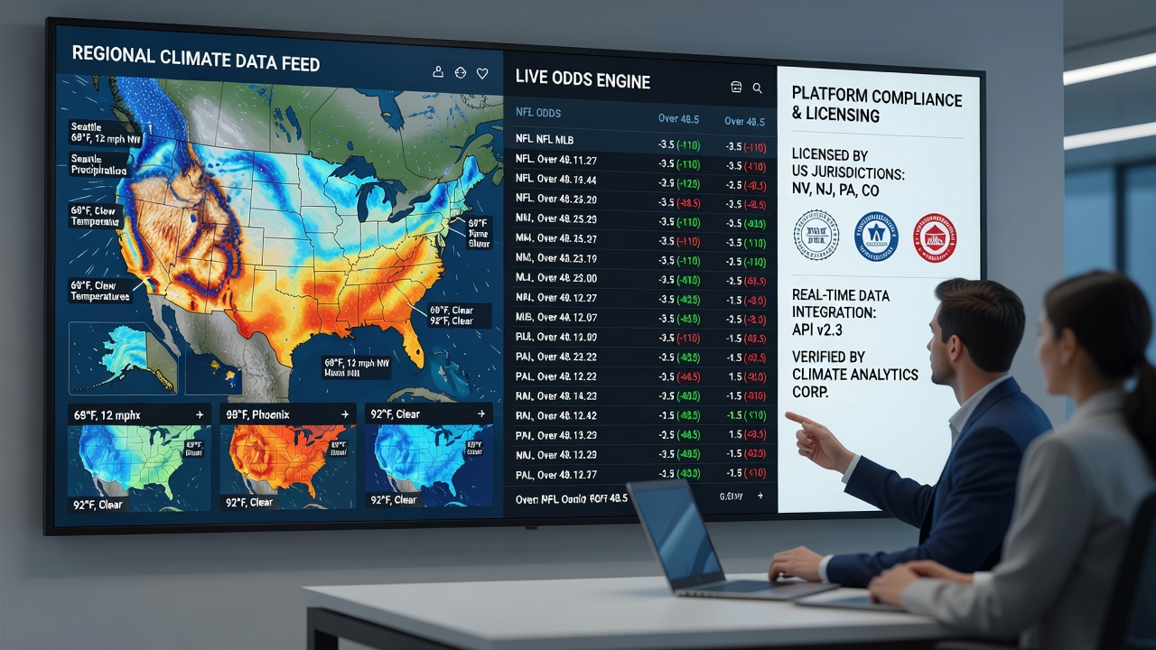 Dashboard showing live climate metrics and corresponding odds changes on a regulated US betting app