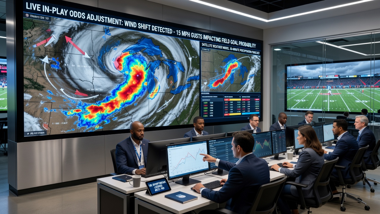 Live sportsbook interface displaying real-time weather-adjusted odds during an outdoor sports event