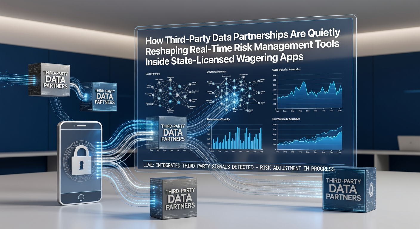 Illustration of data integration in state-licensed wagering apps showing third-party partnerships and risk management interfaces