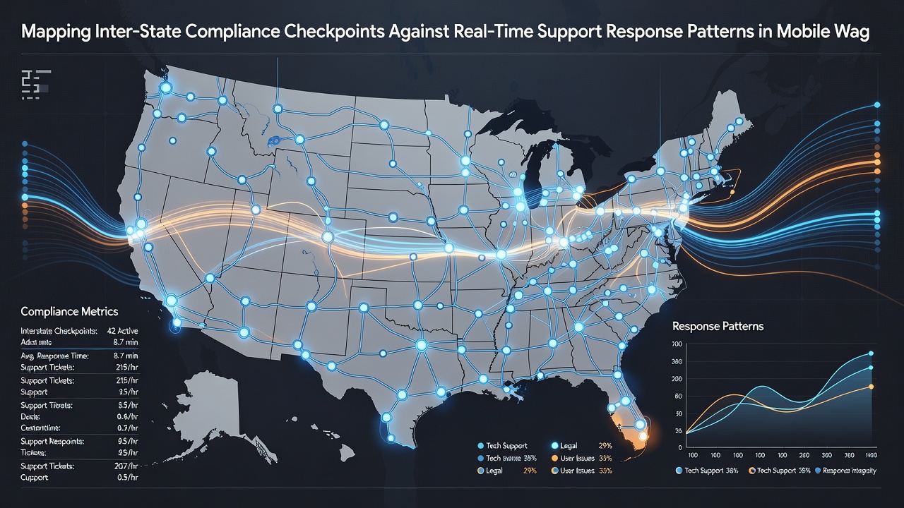 Support team workflow chart illustrating ticket routing between state compliance teams and real-time response metrics