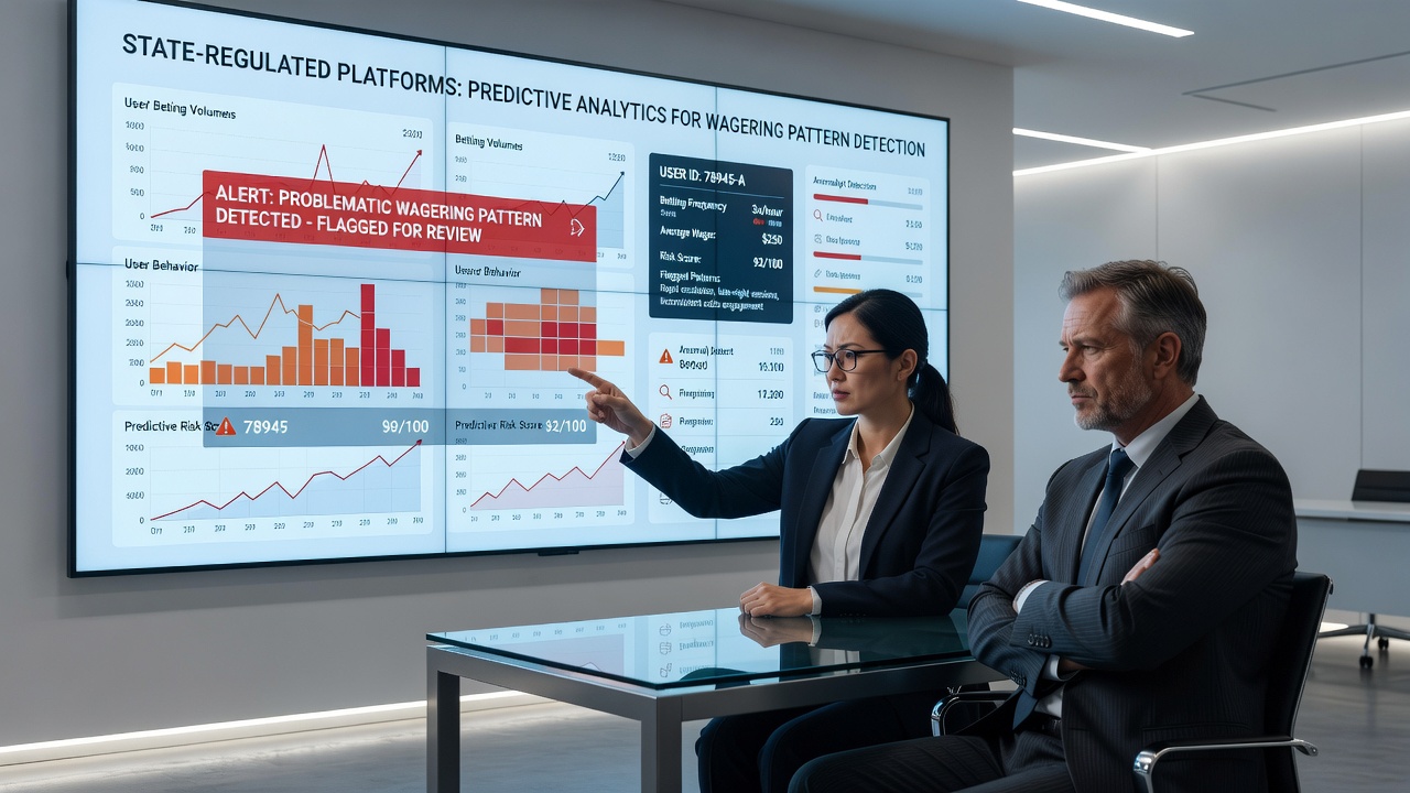 Analytics team reviewing flagged wagering patterns on multiple state-licensed platforms