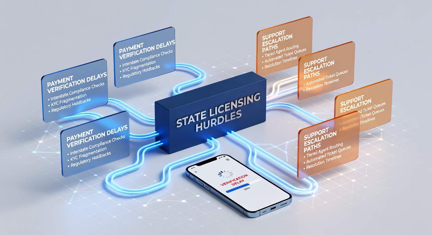 Mobile wagering app interface showing payment verification status with state regulatory icons overlaid