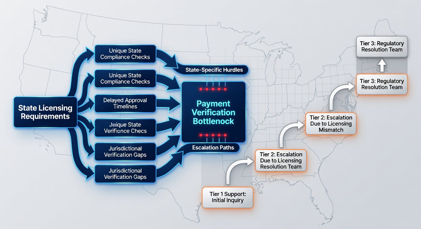 Support escalation flowchart displayed on a tablet with state licensing stamps and payment delay timelines